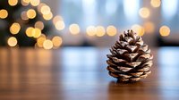 Pine cone on wooden surface with soft bokeh lights in background creates cozy winter atmosphere. Natural seasonal decor element with warm golden glow.