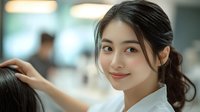 Young Asian woman with ponytail smiling in bright indoor setting, wearing white professional attire, representing beauty, healthcare, or customer service industry.
