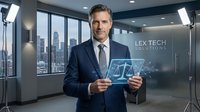 Professional Caucasian businessman in navy suit holding futuristic holographic tablet in modern office with city skyline view for corporate technology presentations.