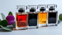 Luxury perfume bottles in row with colorful fragrances from red to black, decorated with green leaves and purple flower petals on light background.