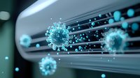 Microscopic virus particles in blue glowing color floating in air stream from air conditioner, showing airborne disease transmission concept in modern interior.