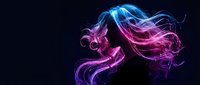 Abstract flowing hair silhouette with vibrant blue and purple neon light effects on dark background for creative design projects.