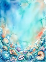 Watercolor ocean frame with seashells, starfish and coral border on blue aqua background for marine themed designs and summer projects.