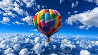 Colorful hot air balloon floating high above white fluffy clouds against vibrant blue sky. Aerial adventure and freedom concept for travel and outdoor activities.