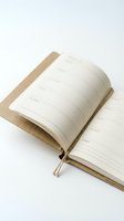 Open weekly planner with beige linen cover and blank lined pages, isolated on white background for stationery, organization, and productivity design projects.