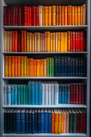 Colorful vintage books arranged by spectrum colors on library shelves, from red and orange at top through blue and green to mixed tones at bottom, creating rainbow effect.