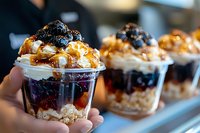 Layered dessert parfait with granola, whipped cream, and berry compote in clear cup held in hand, ready for serving or catering events.