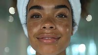 Young African American woman with glowing natural skin wearing white towel on head smiling at camera, beauty and skincare concept with soft bokeh background.