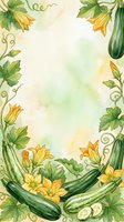 Watercolor garden frame featuring zucchini and squash blossoms with leafy vines on cream background, ideal for recipe cards, menus, and culinary designs.