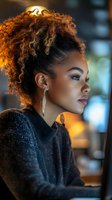 Young African American woman with natural curly hair in profile view wearing black sweater and gold earrings against warm evening lighting background.
