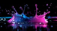 Vibrant pink and blue liquid crown splashes colliding with droplets and reflections on dark background, creating dynamic fluid art motion photography.