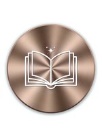 Rose gold metallic button with open book icon and sparkle star, isolated on transparent background for educational app design and learning interface elements.