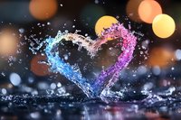 Water splash forming heart shape with colorful gradient from blue to pink, dynamic motion captured against dark background with bokeh lights and droplets.