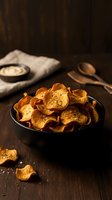 Crispy sweet potato chips in a dark bowl with sea salt, served with dipping sauce on a rustic wooden table, healthy snack concept.