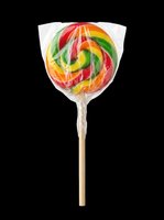 Colorful swirl lollipop in plastic wrap on a stick, isolated on transparent background. Ready for stickers, t-shirt design, clipart, and print on demand use.