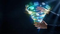 Hands holding glowing digital globe with neon icons representing global connectivity, data transfer, and technology networks for business communication concepts.