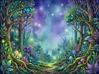 Enchanted forest clearing at night with glowing trees, magical mushrooms, and starry sky with crescent moon overhead, fantasy woodland scene.