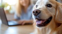 Smiling golden retriever close-up with person working on laptop in background, showing happy pet during remote work from home environment. Perfect for lifestyle blogs.