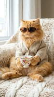 Funny orange Persian cat wearing sunglasses and cardigan sweater holding teacup on cozy chair by window. Humorous pet portrait for greeting cards.