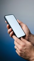 Male hands holding smartphone with blank white screen mockup for app presentation and mobile interface design on gradient blue background.