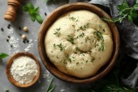 Fresh homemade dough in wooden bowl garnished with herbs and spices, flour in small bowl on dark background with parsley leaves and seasonings.