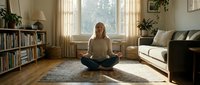 Woman with long reddish-blonde hair, Caucasian ethnicity, sitting in lotus position on floor in bright living room with bookshelves, sofa and windows. Meditation, mindfulness and wellness concept.