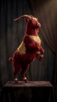 Red demon creature with horns performing on stage with golden ornate costume and dramatic lighting for fantasy entertainment concepts.