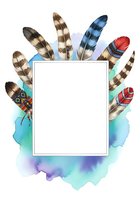 Isolated rectangular frame surrounded by colorful feathers and watercolor splashes in turquoise, purple, and blue tones. Ready for design use on invitations, posters, and greeting cards.
