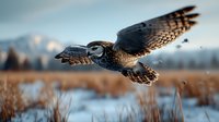 Northern hawk owl in flight over snowy winter field with wings spread wide hunting for prey at golden sunset hour against blurred mountain landscape.