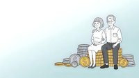 Senior couple sitting on stack of coins planning retirement savings and financial security for future investment goals.