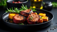 Grilled pork tenderloin medallions with roasted potatoes and fresh rosemary on black plate. Juicy meat seasoned with pepper and herbs, restaurant serving.