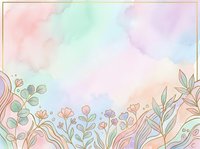 Pastel watercolor floral background with delicate line art flowers and leaves, soft rainbow hues, golden frame border for cards, invitations, and social media.