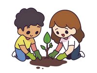 Cute cartoon children planting tree seedling together wearing gardening gloves. Boy in yellow shirt and girl in white shirt caring for environment.