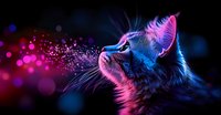 Mystical cat profile illuminated by neon pink and blue lights against dark background with magical bokeh sparkles and glowing particles effect.