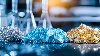 Colorful metallic crystals and laboratory glassware in scientific research setting, featuring silver, blue and gold crystalline structures with bokeh lighting effects.