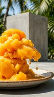 Stacked golden fried dough pastry dripping with sweet syrup on ceramic plate with tropical palm foliage and concrete backdrop, perfect for food and beverage design.