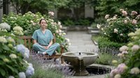 Middle-aged Caucasian woman in light blue scrubs sitting peacefully on wooden bench in lush garden with blooming hydrangeas and roses for healthcare relaxation.