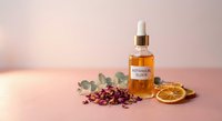 Natural botanical serum bottle with dropper surrounded by dried orange slices, eucalyptus leaves and rose petals on pink background for skincare branding.