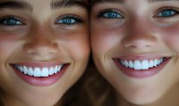 Close up of bright smiling faces with white teeth and striking blue eyes showing joy and happiness, perfect for dental care, beauty, and wellness advertising.