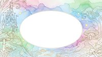 Watercolor fairy tale frame with castle, mushrooms and magical elements in pastel rainbow colors. Oval white space for text or design on enchanted background.