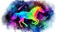 Vibrant rainbow horse silhouette galloping through cosmic watercolor splash with stars and nebula effects on white background for creative designs.