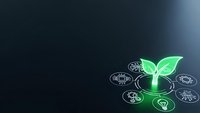 Green plant sprout emerging from glowing light bulb surrounded by sustainable energy icons on dark background for eco-friendly business concepts.