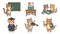 Cute cats in school situations, studying and learning activities. Isolated characters on transparent background ready for educational materials, children's books, classroom designs, and learning-themed projects.