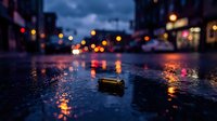 Discarded battery lies on wet urban street at dusk with blurred city lights reflecting on pavement, suitable for environmental awareness and pollution themes.