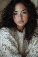 Young woman with freckles and bright blue eyes wearing cozy white knit sweater. Natural wavy dark hair frames her face with soft makeup and neutral expression.