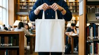 Person holding blank white tote bag in library with bookshelves and students studying in background, suitable for branding, retail, and educational marketing campaigns.