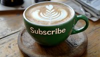 Latte art heart and leaf pattern in creamy foam on cappuccino served in green ceramic cup with subscribe text on wooden table surface. Coffee shop concept.