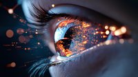 Close-up of eye with digital technology reflection showing orange and blue circuit patterns amid glowing bokeh lights, representing artificial intelligence and future vision.