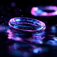 Glowing magical ring with blue and purple neon lights floating on reflective surface against dark background, mystical fantasy concept for gaming and book covers.