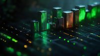 Glowing green and orange circuit board towers with bokeh light effects create futuristic cityscape visualization for technology and computing concepts.